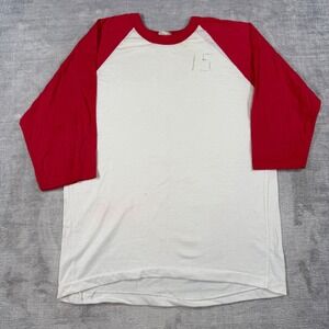Vintage 1980s Raglan Shirt Mens Medium White Red Blank Baseball Single Stitch